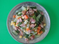 烤鴨肉炒三?。S瓜丁胡蘿卜丁玉米粒）